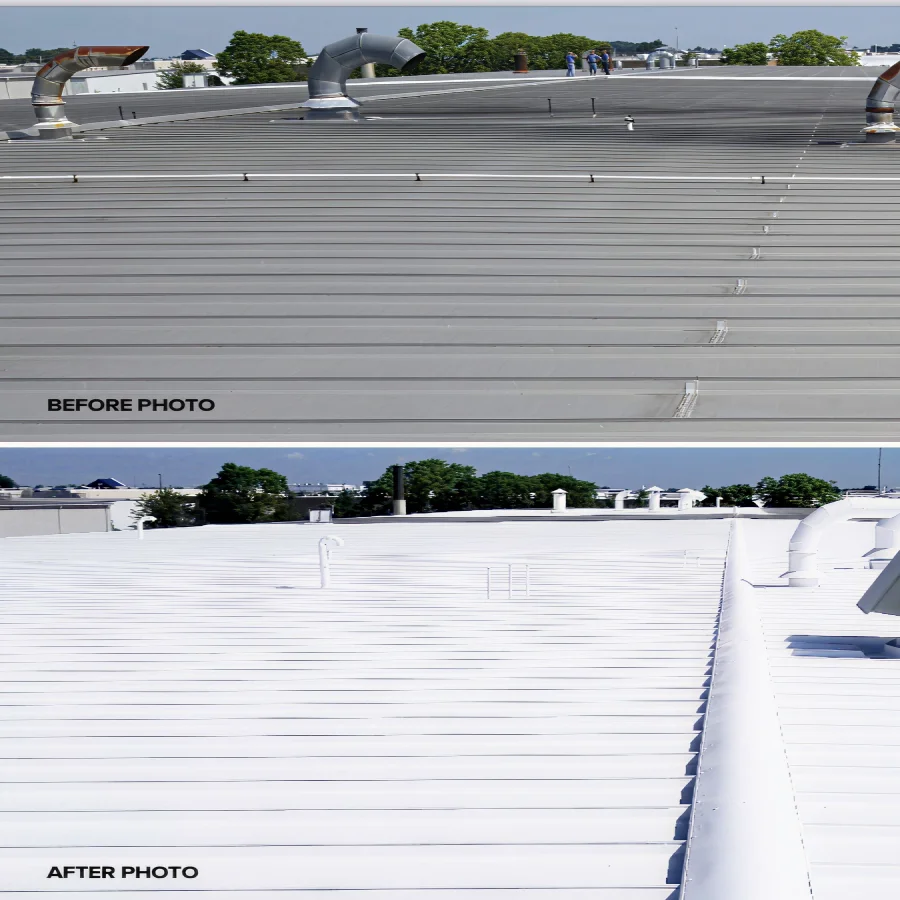 before and after of a metal roof coating