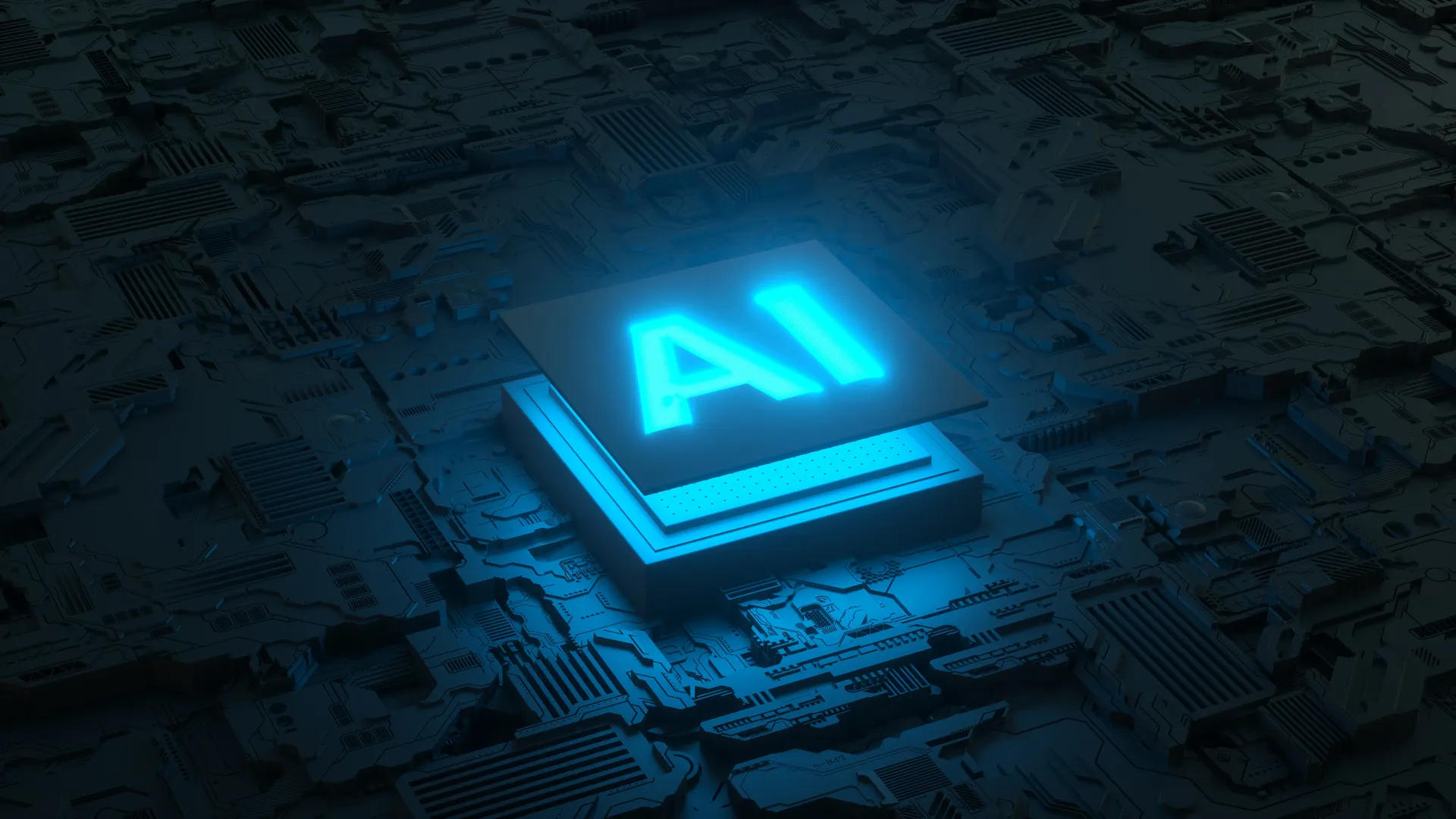 A circuit board with an AI microprocessor at its center