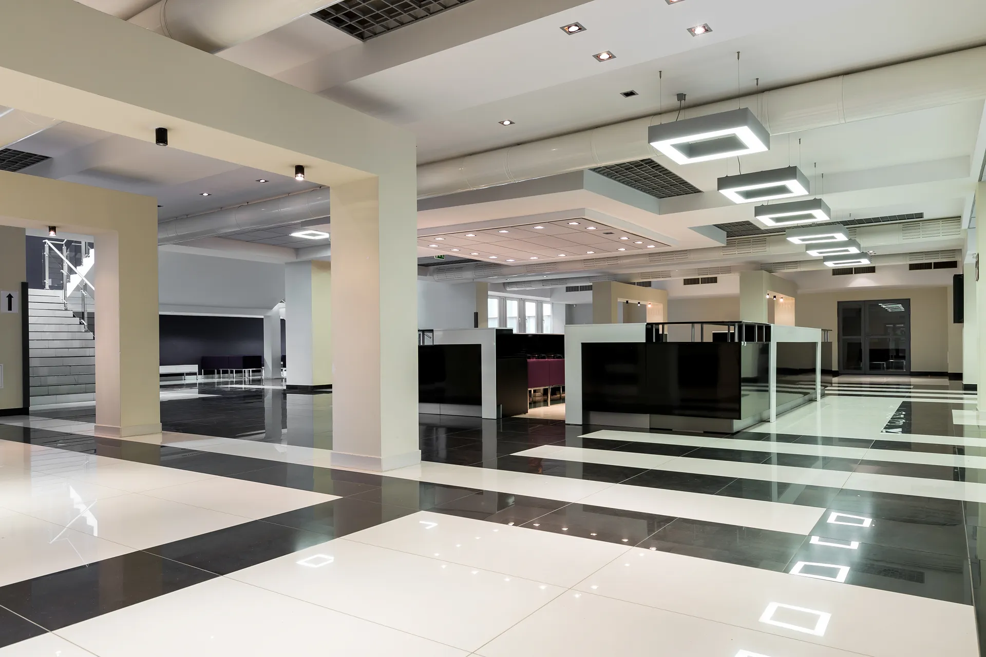 commercial building with modern multi colored tile flooring