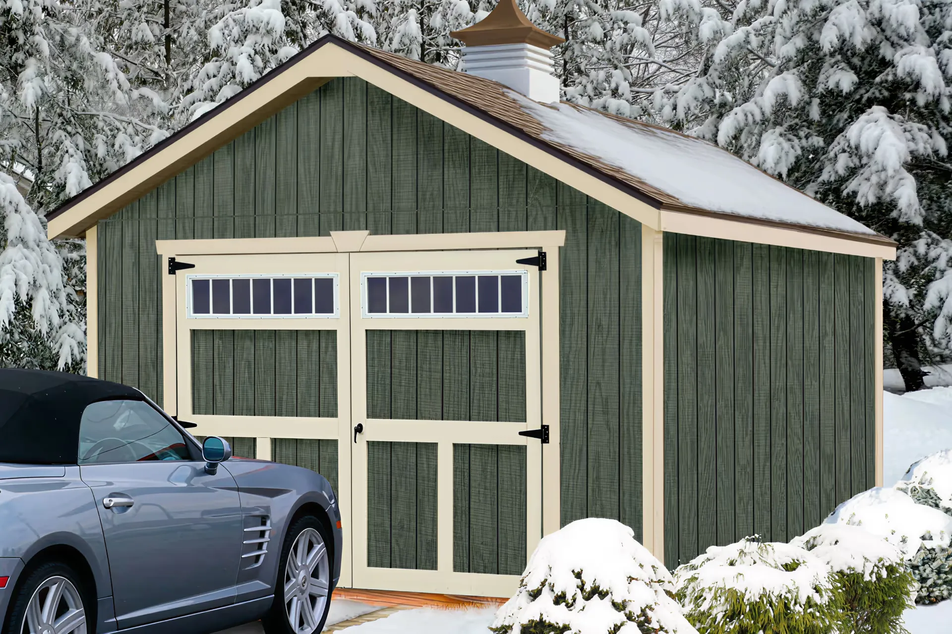 Garage shed with a car parked in front of it
