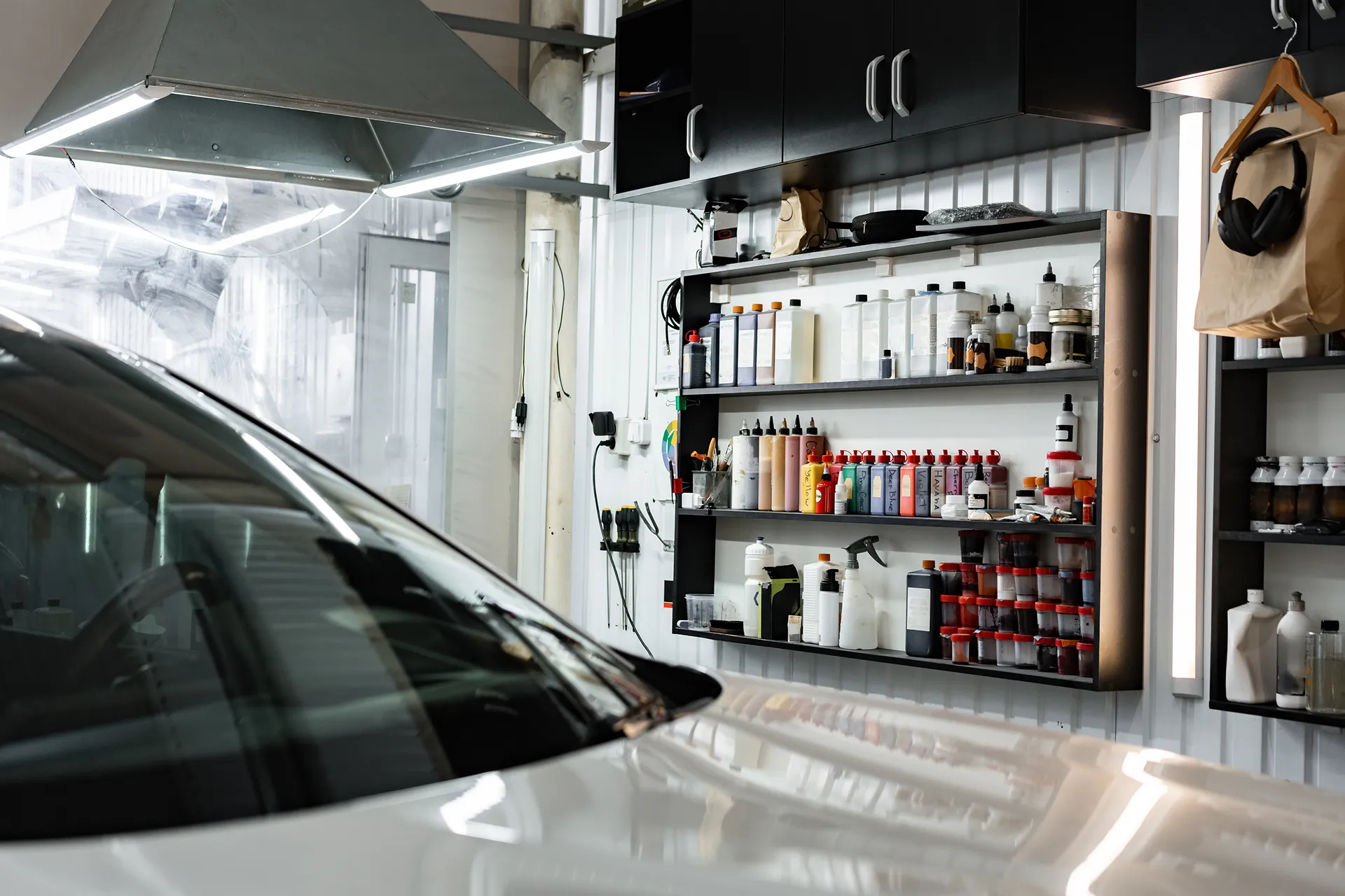 Interior of a garage with wall shelving