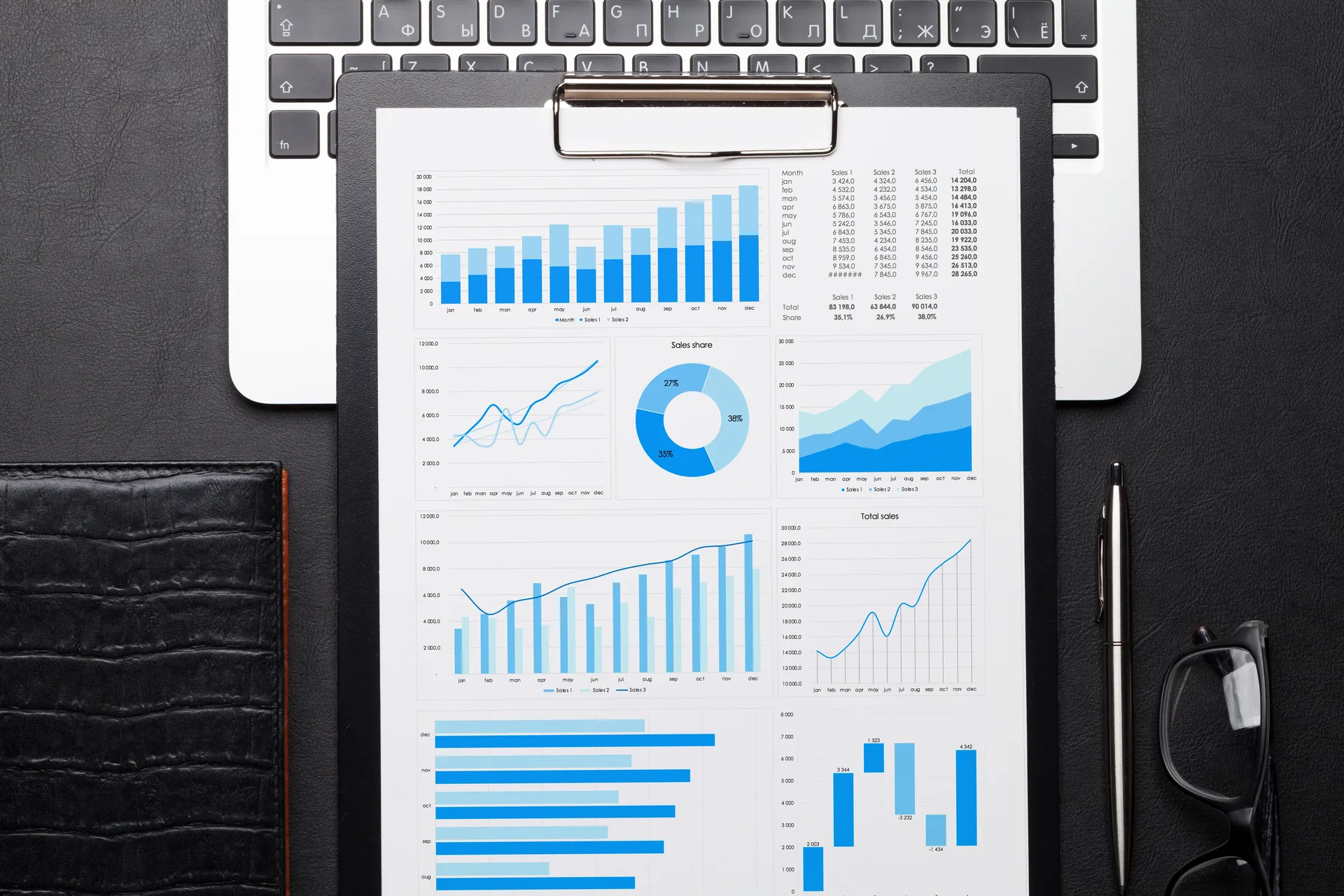 An office desk covered with printed charts and reports