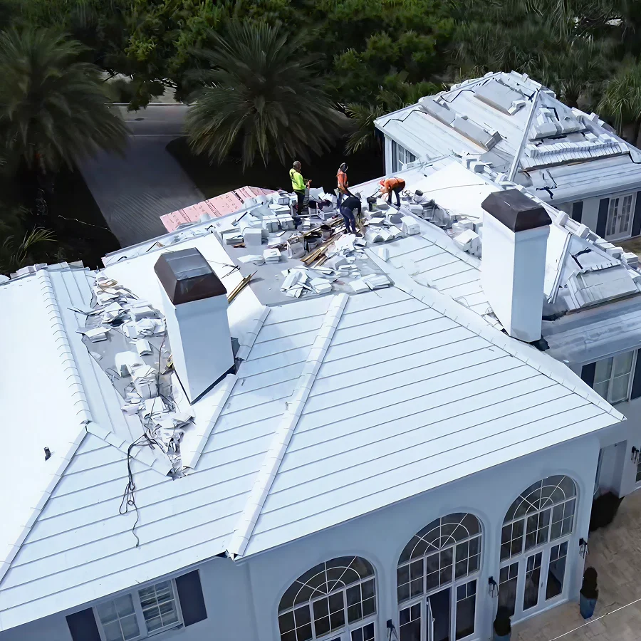 residential roof replacement from an aerial view