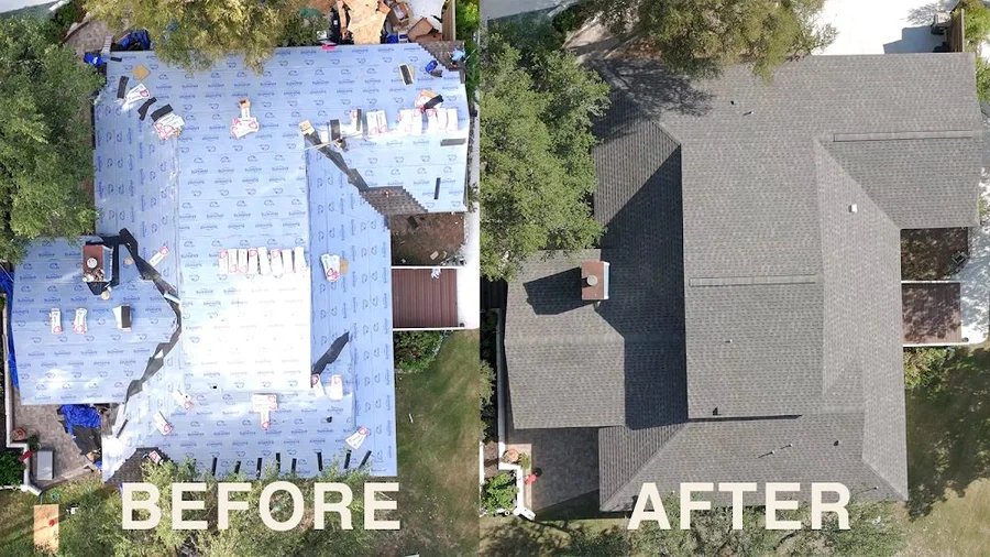 Before and after aerial views: underlayment during tear-off, then the finished grey shingle roof