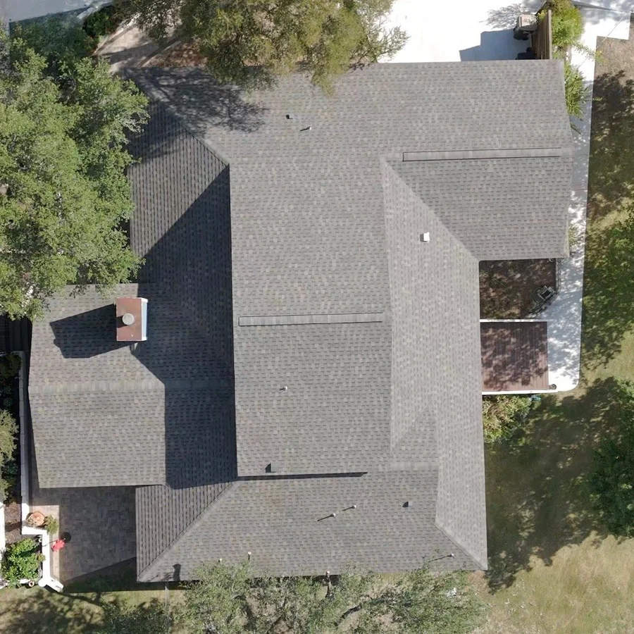 Aerial view of the completed shingle roof
