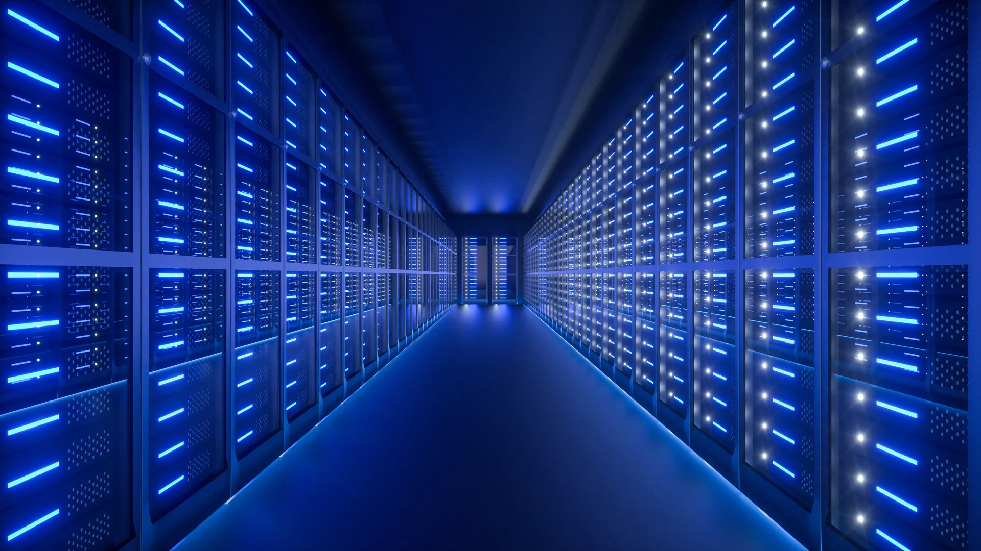 Rows of server racks inside a data center