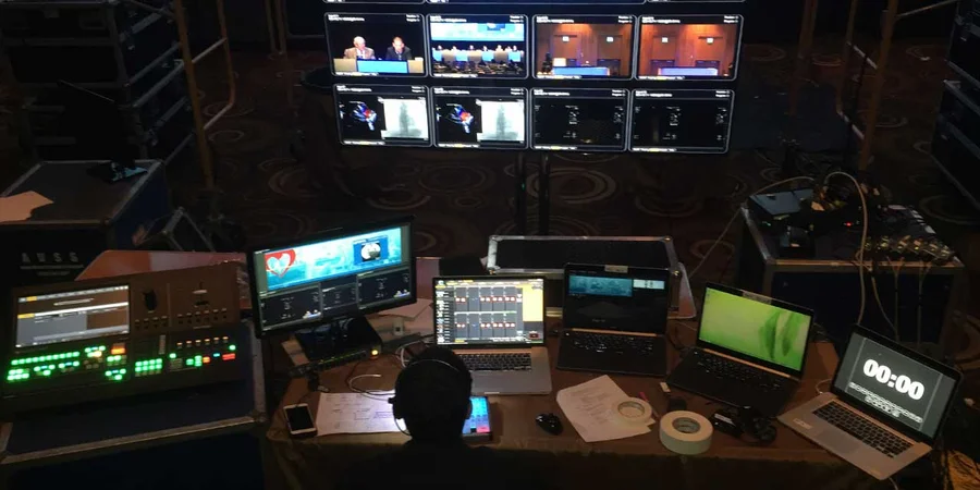 An AVSS broadcast position with monitors, switcher and streaming encoders