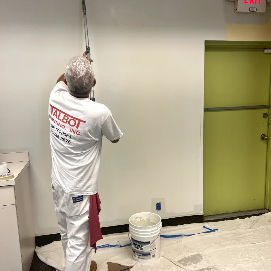 worker painting a wall with extended roller