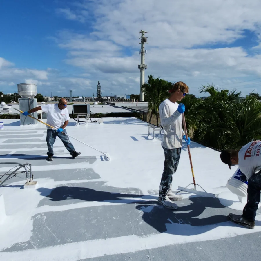 workers rolling on a roof coating